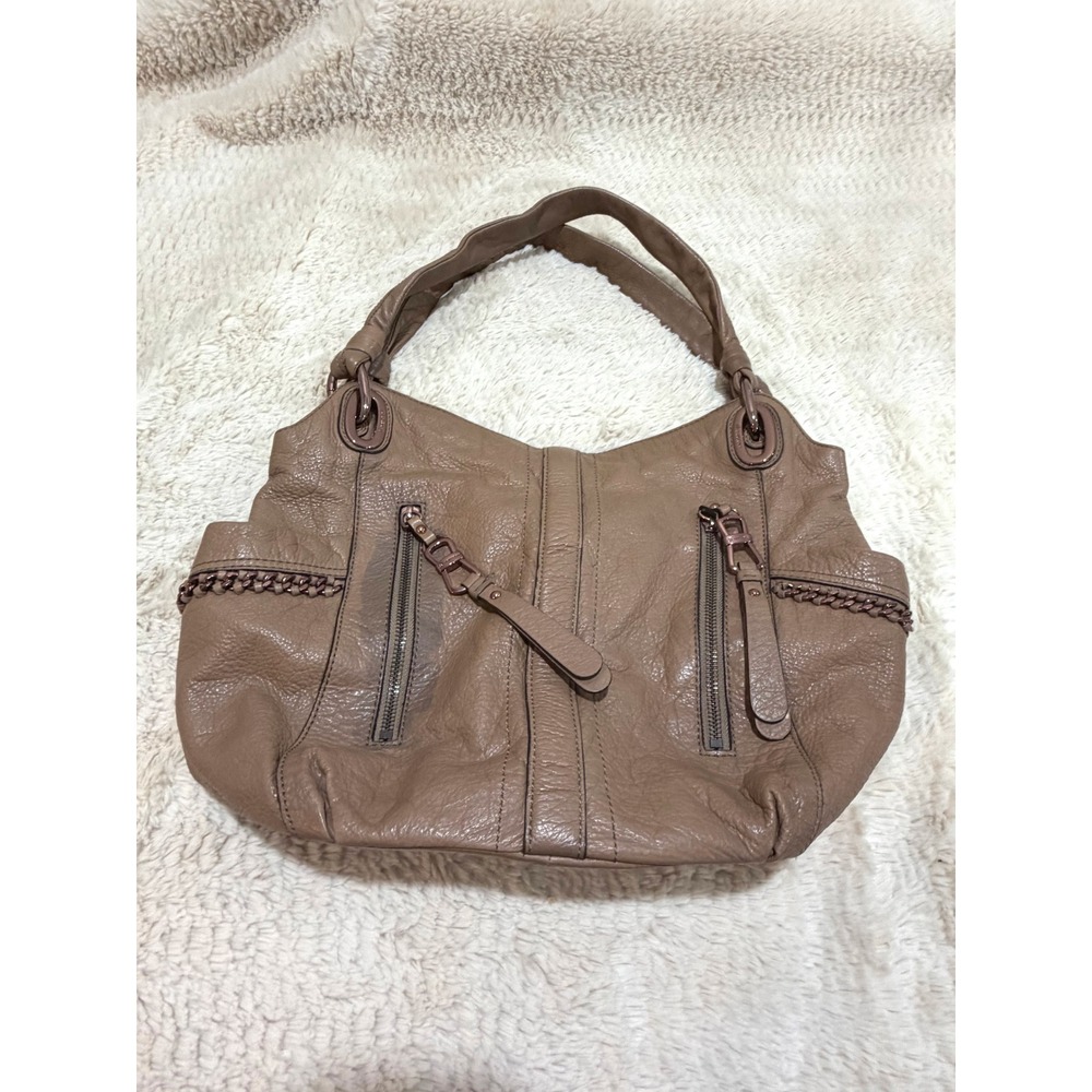 B. Makowsky Y2K Taupe Leather Slouchy Hobo Bag Rose Gold Hardware Chain Accent